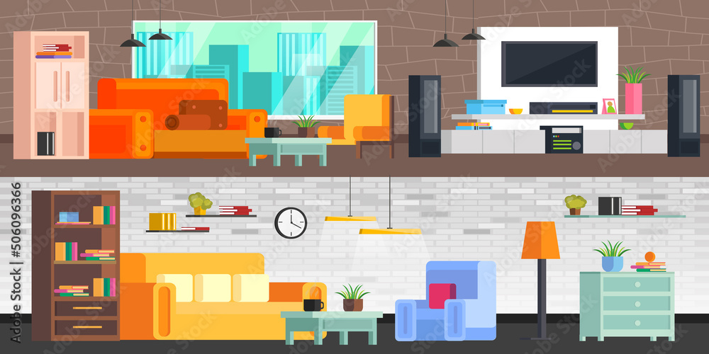 Fototapeta premium Set of colorful living room interior. Icons cozy and homely living room: Wardrobe, sofa, chair, table, window overlooking the city. In modern orthogonal design. Vector illustration.