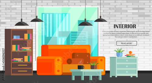 Set of the colorful living room interior. Icons cozy and homely living room: Wardrobe, sofa, chair, table, window overlooking the city. In modern orthogonal design. Vector illustration.