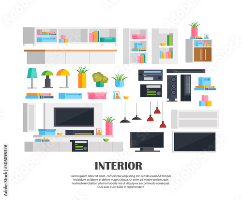 A set of furniture for the interior of the living room  a section  TV  wardrobe  video-game consoles  lamps  books  shelves  CD player  tape recorder. In modern orthogonal design. Vector illustration.