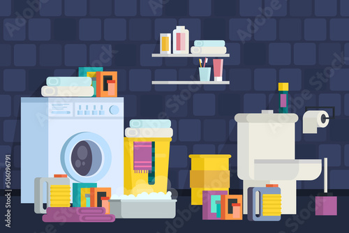 A set of bathroom interiors. Icons of bathroom items: bathroom, toilet, washing machine, sink, shower, mirror, towels, powders. In modern orthogonal design. Vector illustration.