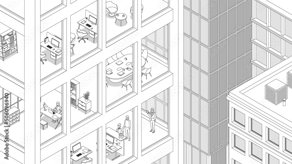 View of the office building and the city. Isometric cityscape, city view, city skyline. Vector illustration in flat design. Outlined, linear style, line art, editable stroke. People at work. Business.