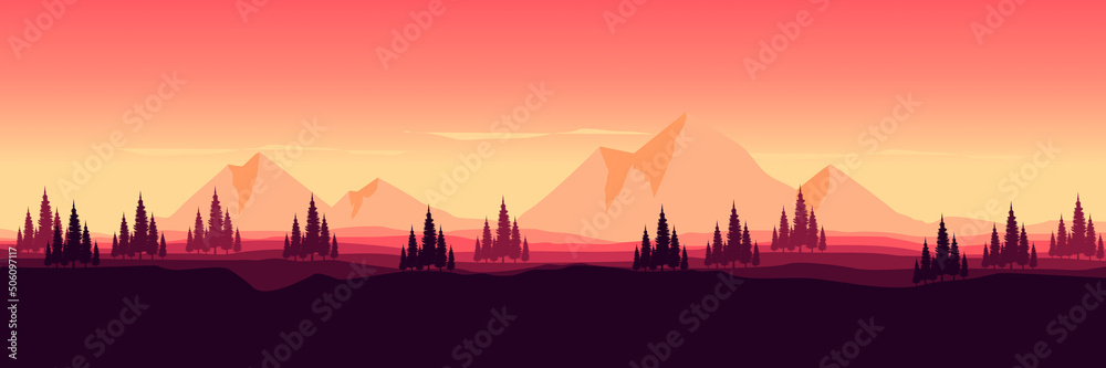 mountain with pine tree silhouette flat design vector illustration template good for web banner, ads banner, tourism banner, wallpaper, background template, and adventure design backdrop