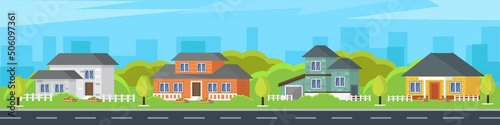 Set of colorful houses. Street with modern buildings. Private houses with their own garden. Modern city architecture concept. Different modern design structures vector illustration.