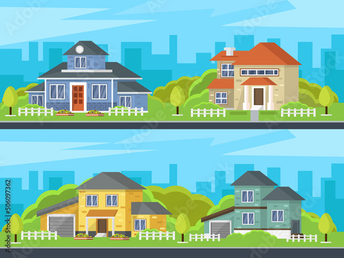 Set of colorful houses. Street with modern buildings. Private houses with their own garden. Modern city architecture concept. Different modern design structures vector illustration.