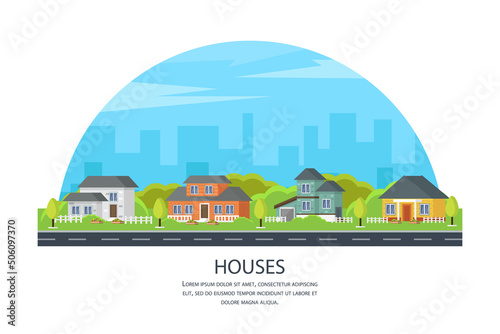 Set of colorful houses. Street with modern buildings. Private houses with their own garden. Modern city architecture concept. Different modern design structures vector illustration.