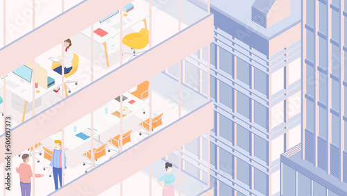 View of the office building and the city. Isometric cityscape, city view, city skyline. Vector illustration in flat design. People at work. Business. Women and men.