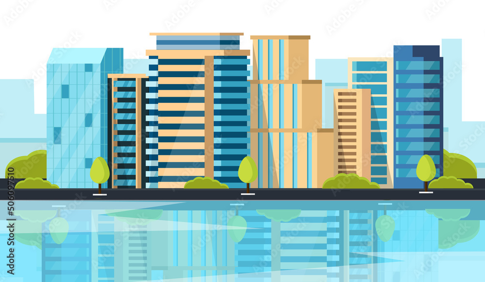 A modern city with skyscrapers. Urban buildings near the road, street landscape. Vector illustration