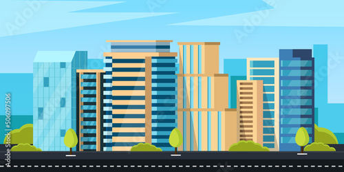 A modern city with skyscrapers. Urban buildings near the road  street landscape. Vector illustration