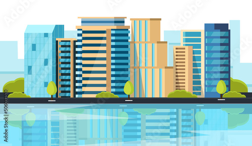 A modern city with skyscrapers. Urban buildings near the road, street landscape. Vector illustration