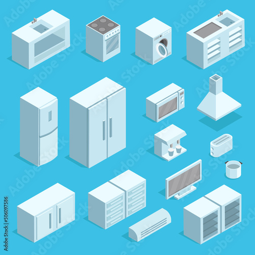 Vector isometric kitchen interior set of furniture icons. Modern interior, furniture for home cooking: refrigerator, stove, microwave, dining table.Vector illustration