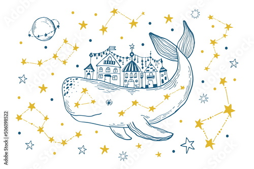 Blue and yellow outline hand-drawn artwork of whale with cute houses in its back. Galaxy and sea animal vector illustration.