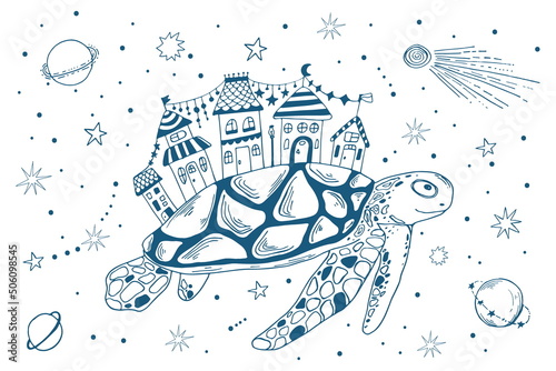 Blue outline hand-drawn artwork of turtle with cute houses. Sea animal vector illustration.