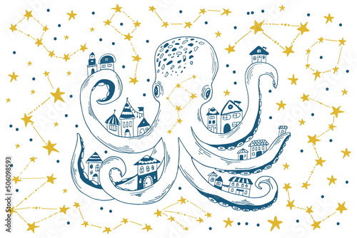 Blue outline hand-drawn artwork of octopus with cute houses flying in the galaxy. Sea animal and stars vector illustration.