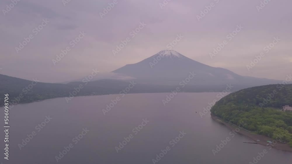 Aerial drone panning towards the stunning Mount Fuji in Japan Aerial drone panning towards the stunning Mount Fuji in Japan