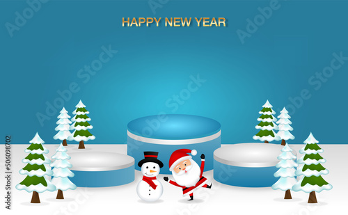 Happy new year gold and bule colors with podium for product with christmas componance of vector illustration.