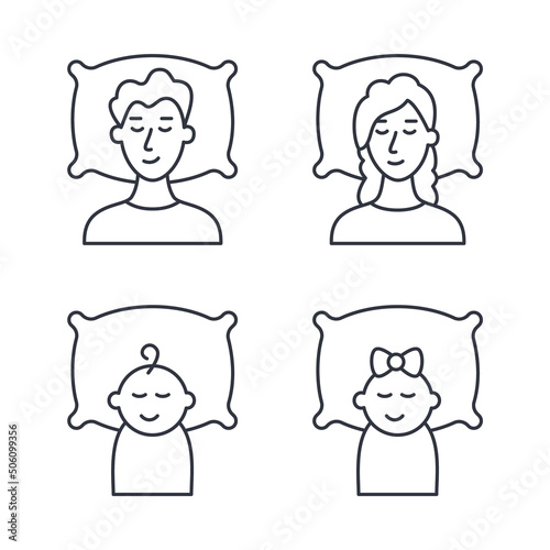 Sleeping people family vector icons. Editable stroke. Set line symbols. Man woman child sleeps on a pillow. Children's dream boy girl. Night rest relax recovery