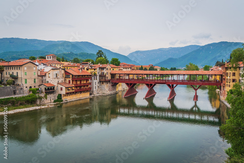 View of the Alpini Bridge with the Brenta River in Bassano del Grappa, Vicenza, Veneto, Italy, Europe