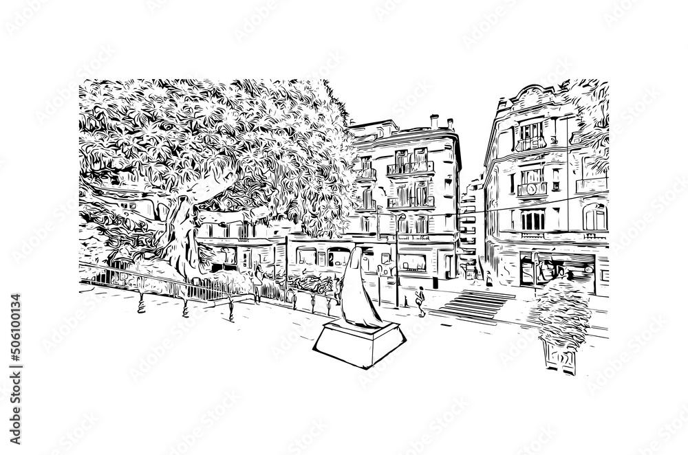 Building view with landmark of Manako is the village in Mali. Hand drawn sketch illustration in vector.