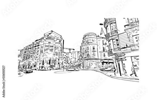 Building view with landmark of Manako is the village in Mali. Hand drawn sketch illustration in vector.