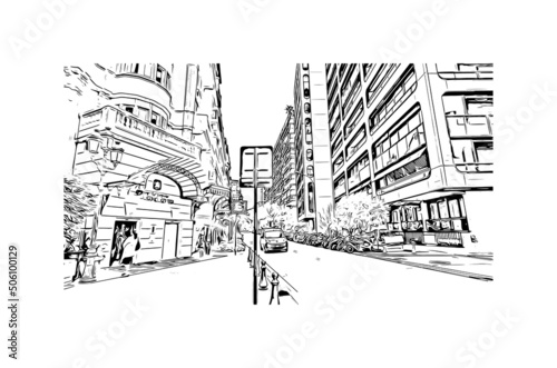 Building view with landmark of Manako is the village in Mali. Hand drawn sketch illustration in vector.