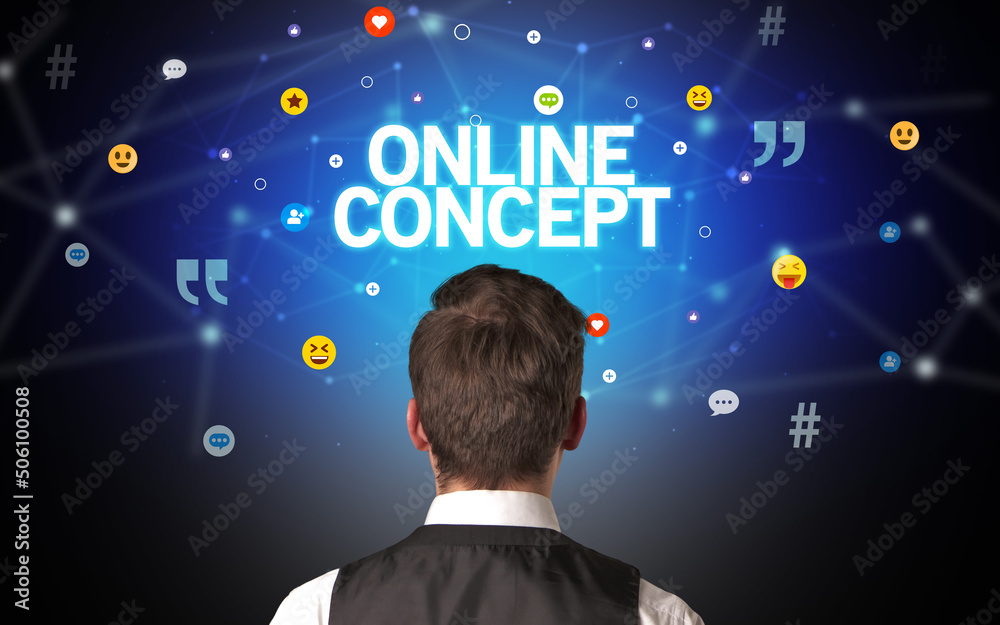 Rear view of a businessman, social media concept Rear view of a businessman, social media concept