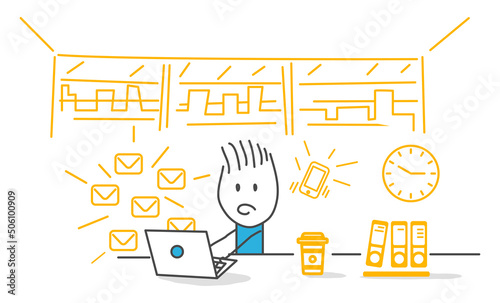 Stick figures. Businessman works on laptop with too many tasks. Multitasking Workload, Stress and overwork concept.