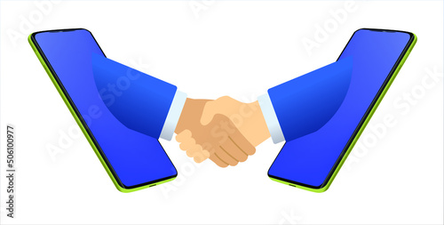 Illustration of two hands reaching out of smartphone screen for a handshake, business agreement 
via mobile application, digital contract, vector icon