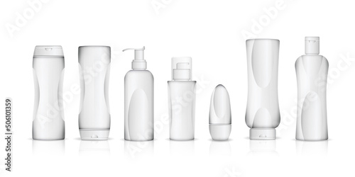 Set of realistic white plastic bottles for liquid laundry detergent, bleach, fabric softener, dishwashing liquid or another cleaning agent. Easy to place your text and brand logo. Vector illustration