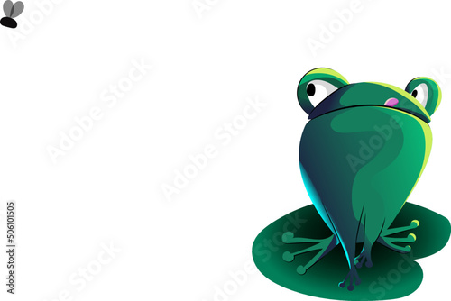 Vector green frog sits on a leaf looks at a fly, sticks out its tongue