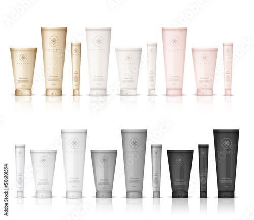 Realistic cosmetic bottles on white background. Cosmetic cream containers and tubes for cream, lotion, shampoo, gel, balsam, conditioner, and spray. 3d Vector Illustration