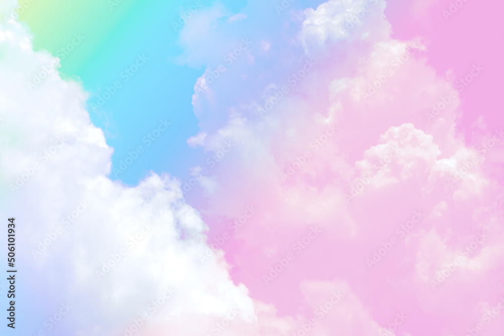 beauty sweet pastel pink green colorful with fluffy clouds on sky. multi color rainbow image. abstract fantasy growing light