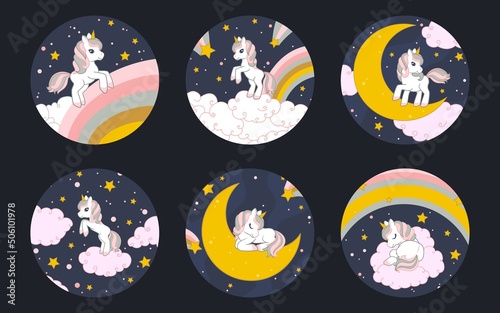 Collection of cute little unicorns with the starry sky, rainbow and clouds. Round frame. Vector illustration