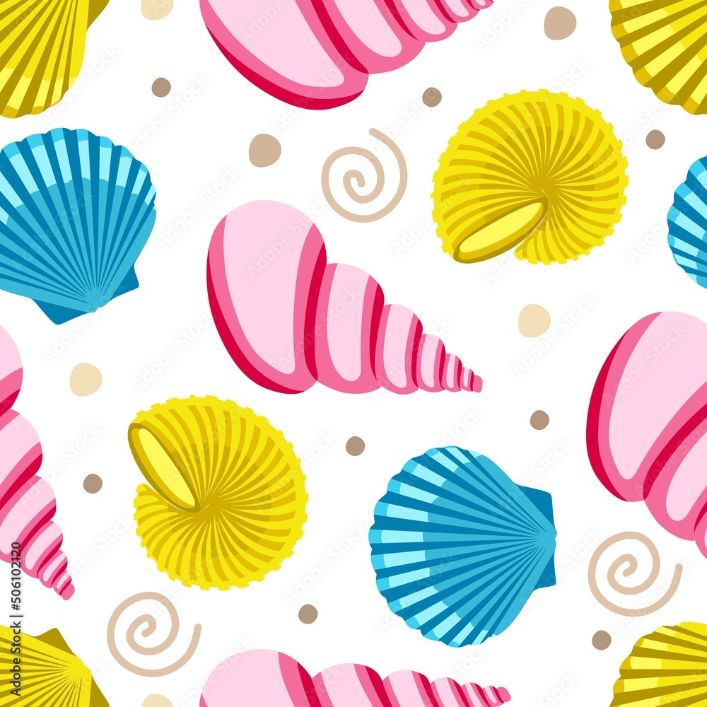 Seamless pattern with shells and clams on a white background Vector illustration in a flat style Seamless pattern with shells and clams on a white background Vector illustration in a flat style