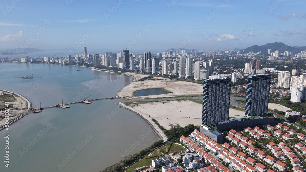 Georgetown, Penang Malaysia - May 20, 2022: The Straits Quay, Landmark Buildings and Villages Along its Surrounding Beaches