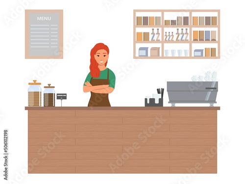 Smiling barista at the coffee shop counter. The interior of the cafe and its worker. Modern flat vector illustration isolated on white background