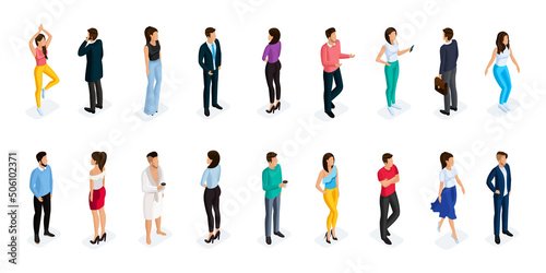 Fashion isometric people, men, and women 3D, front view back view. People in fashionable clothes, in different poses. Vector illustration.