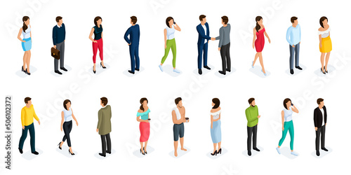 Fashion isometric people, men, and women 3D, front view back view. People in fashionable clothes, in different poses. Vector illustration.