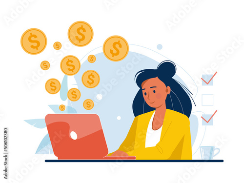 Happy successful businesswoman work online on laptop, making money online, financial income from web trading. Smiling woman freelancer get paid in internet, investment, dividend. Vector illustration.