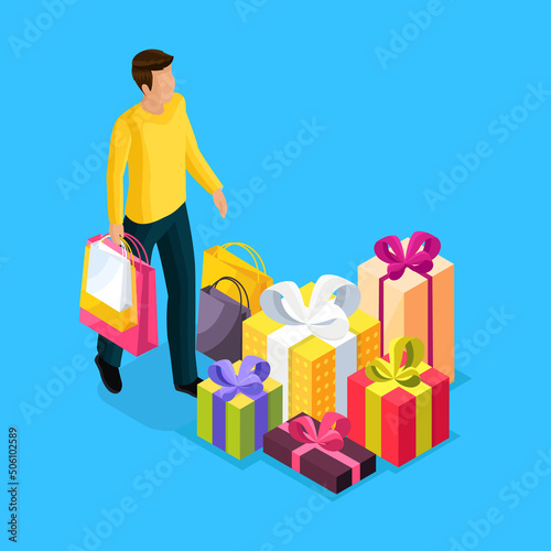 A man in an isometry carries packages with purchases for the holiday. Holiday discounts, shopping. Gifts for loved ones in bright packages with bows. Discounts at the store, holiday shopping.