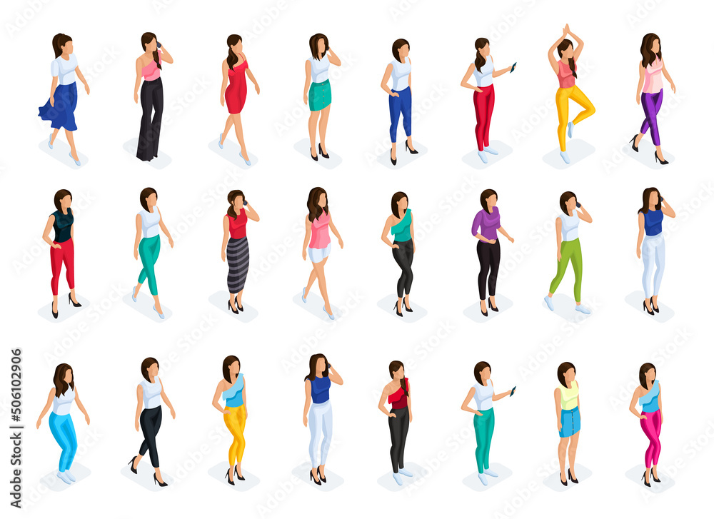 Fototapeta premium Isometric set of 3D girls in fashionable clothes. Modern women in a dress, skirt, and pants. Fashionable outfits for characters .Vector illustration.