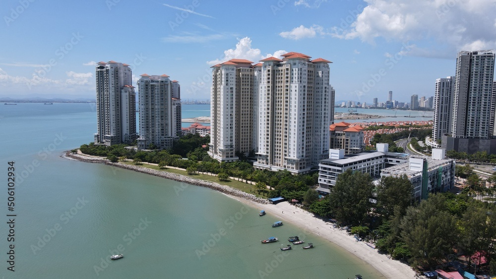 Georgetown, Penang Malaysia - May 20, 2022: The Straits Quay, Landmark Buildings and Villages Along its Surrounding Beaches