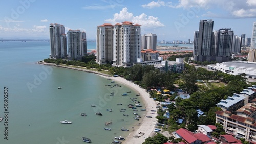 Georgetown, Penang Malaysia - May 20, 2022: The Straits Quay, Landmark Buildings and Villages Along its Surrounding Beaches photo