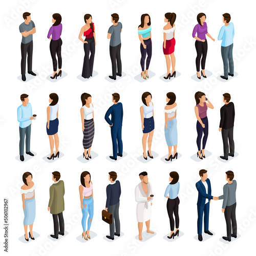 Fashion isometric people, men, and women 3D, front view back view. People in fashionable clothes, in different poses. Vector illustration.
