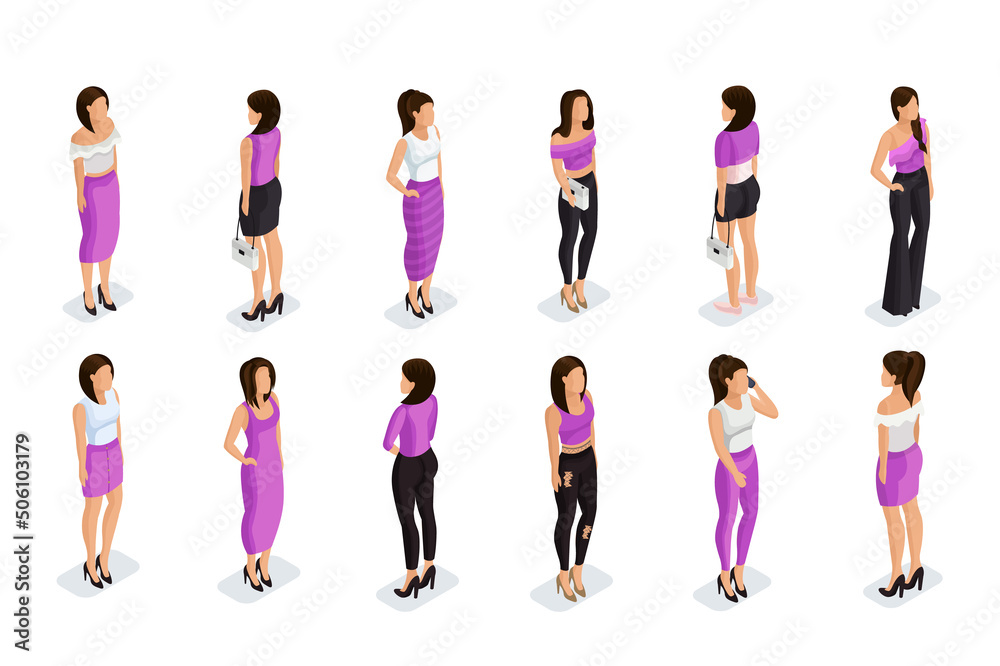 Obraz premium Isometric set of 3D girls in fashionable clothes. Modern women in a dress, skirt, and pants. Fashionable outfits for characters .Vector illustration.