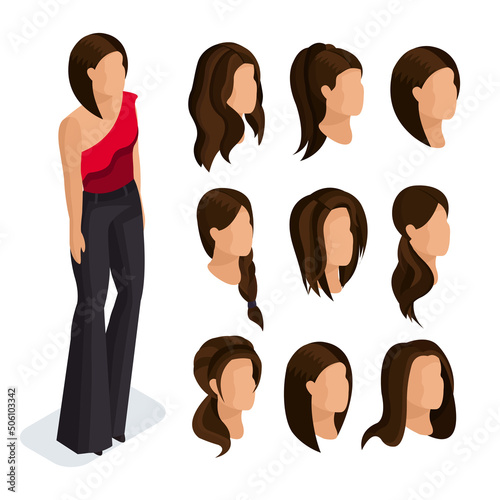 Isometric set of female hairstyles to create a woman 3D. Stylish and fashionable woman. Vector illustration.