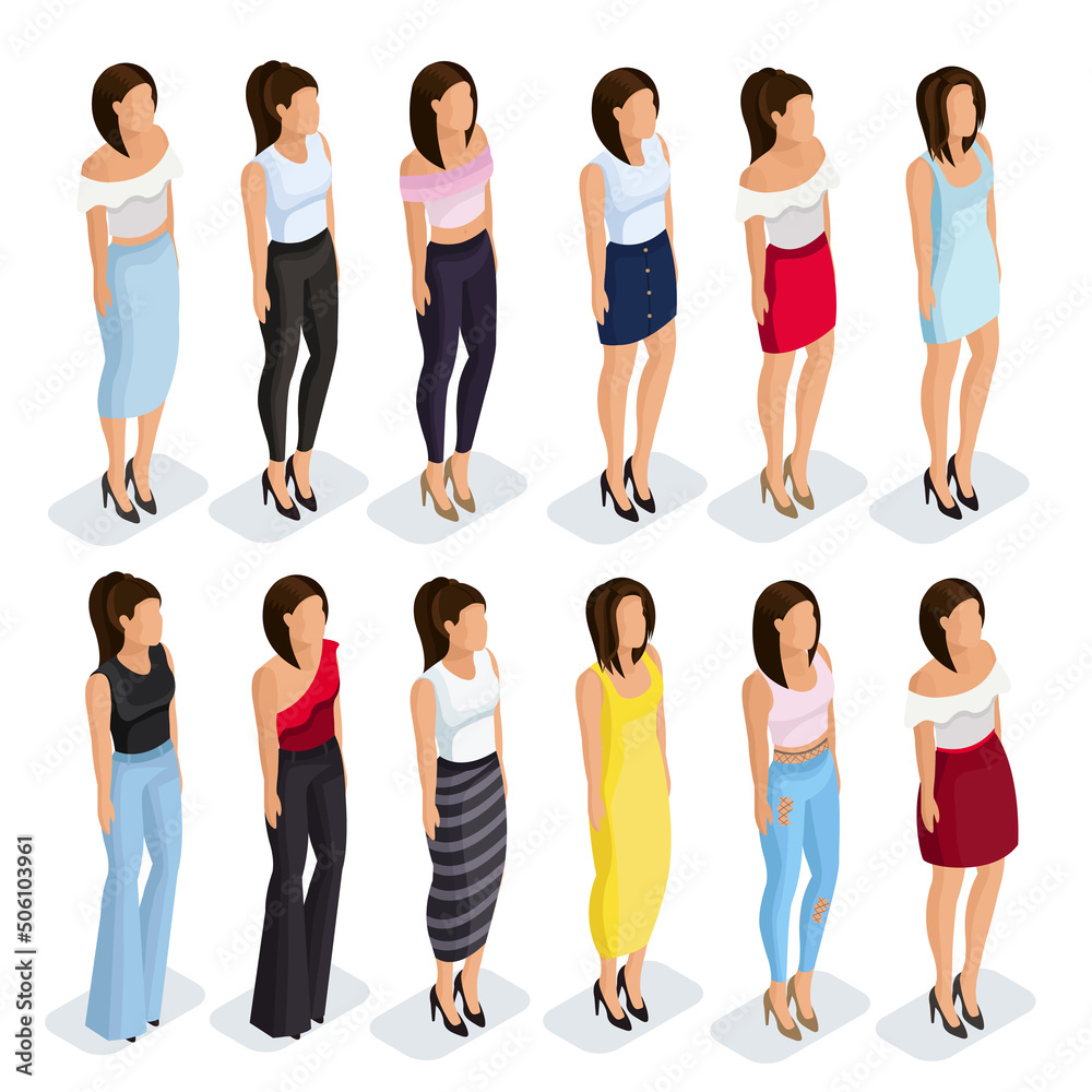 Obraz premium Isometric set of 3D girls in fashionable clothes. Modern women in a dress, skirt, and pants. Fashionable outfits for characters .Vector illustration.