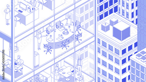 View of the office building and the city. Isometric cityscape, city view, city skyline. Vector illustration in flat design. Outlined, linear style, line art, editable stroke. People at work. Business.