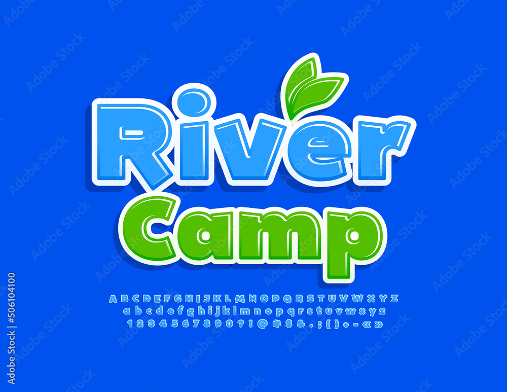 Vector creative emblem River Park with decorative Leaves. Blue Alphabet Letters, Numbers and Symbols set. Funny style Font - obrazy, fototapety, plakaty 