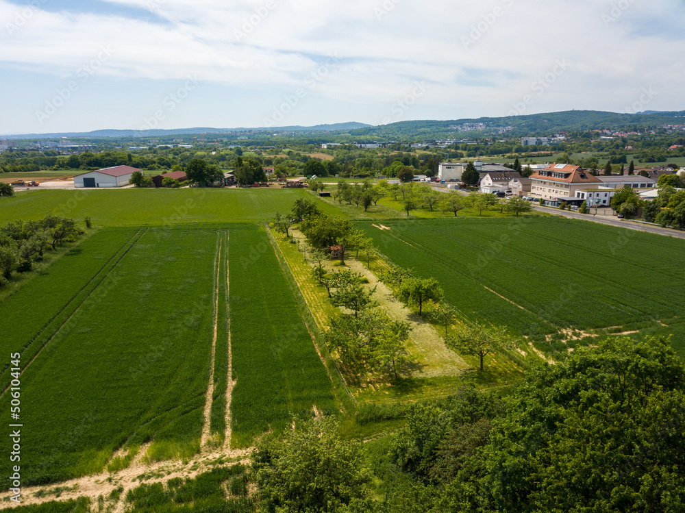 Aerial drone view of farmland of the Taunus in Hessen, Germany