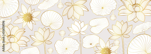 Vector poster with golden lotus flowers on a gray background. Golden lotus flowers in line art style.